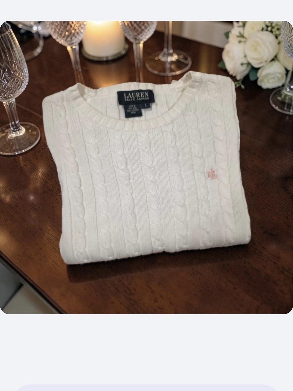 Lauren Ralph Lauren Women's White Cable-Knit Crewneck Sweater Size-L